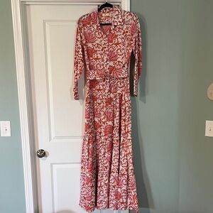 Floral Coral and White Maxi Shirt Dress with Waist Tie